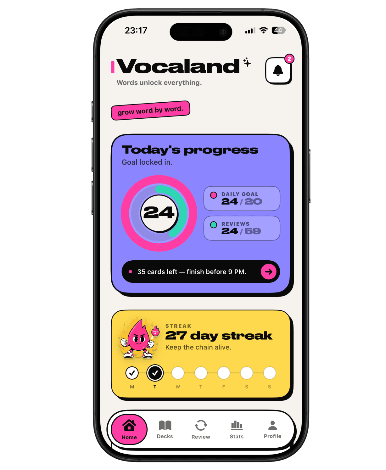 Daily progress and streak dashboard in Vocaland