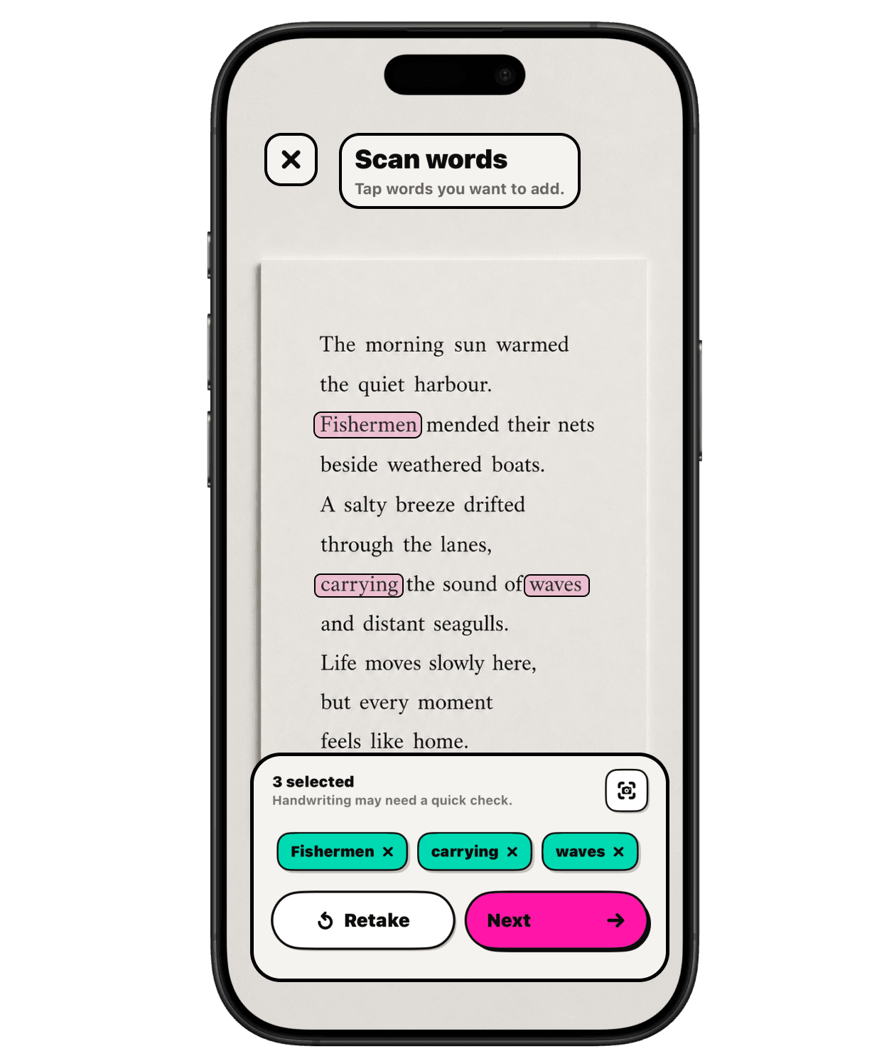 Scanning text from a photo to add new words in Vocaland