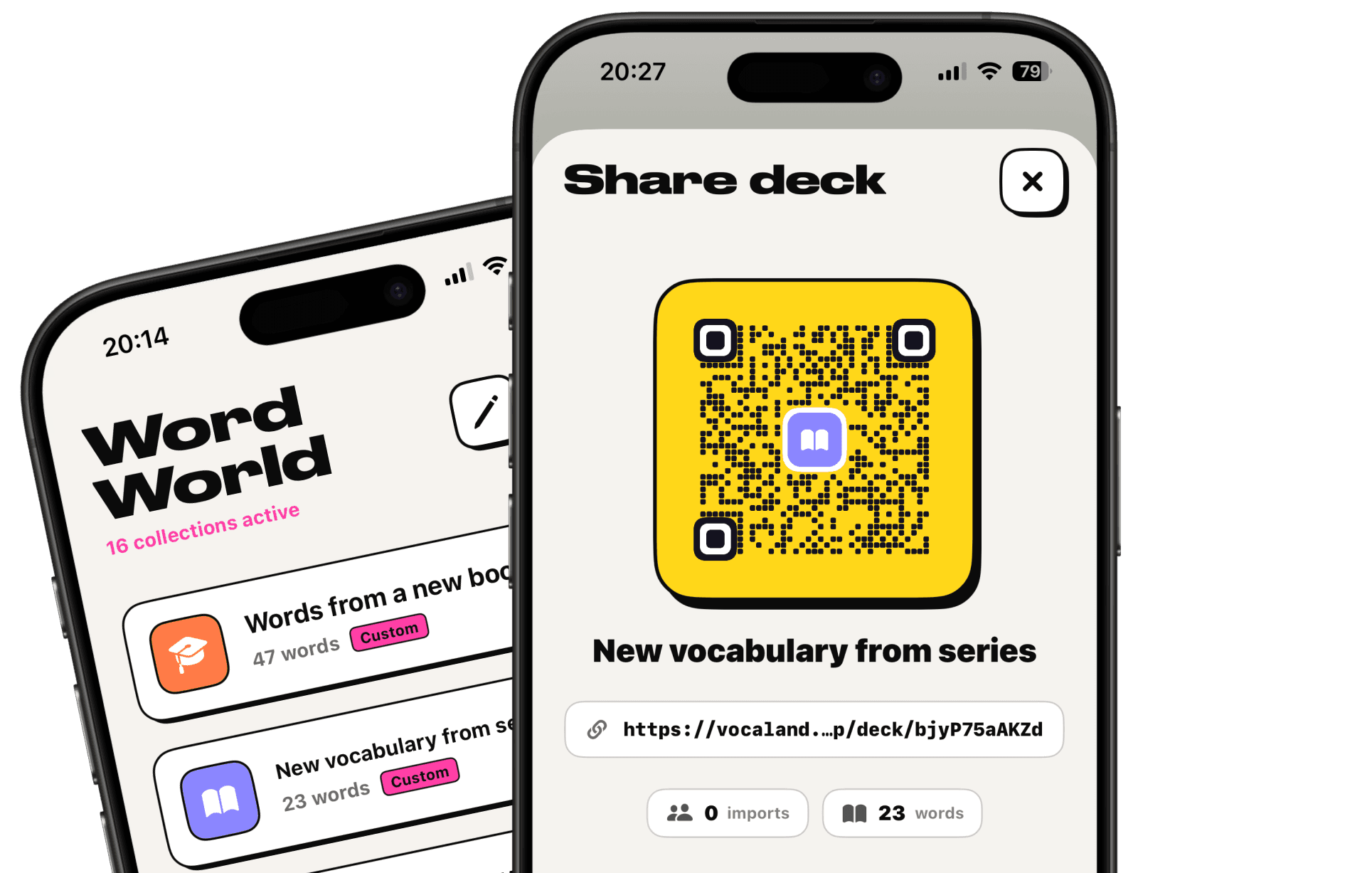Sharing a custom vocabulary deck via QR code in Vocaland
